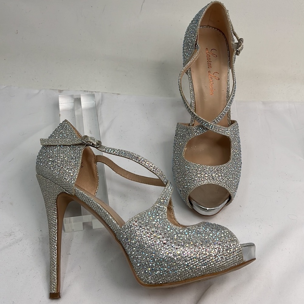 Lauren Lorraine Sz 8 Ellen Crystal Silver Embellished Peep Toe Heel Pump
